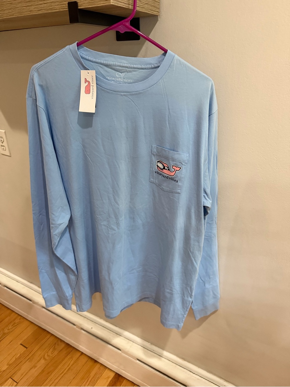 Vineyard Vines Light Blue Long-Sleeve Pocket Tee with Whale Logo